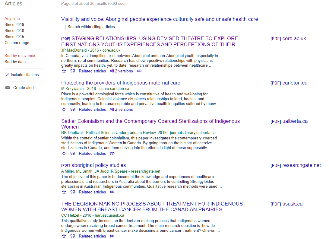 A list of results from google scholar from the forward citation includes graduate work, undergraduate work, and an article from researchgate. 