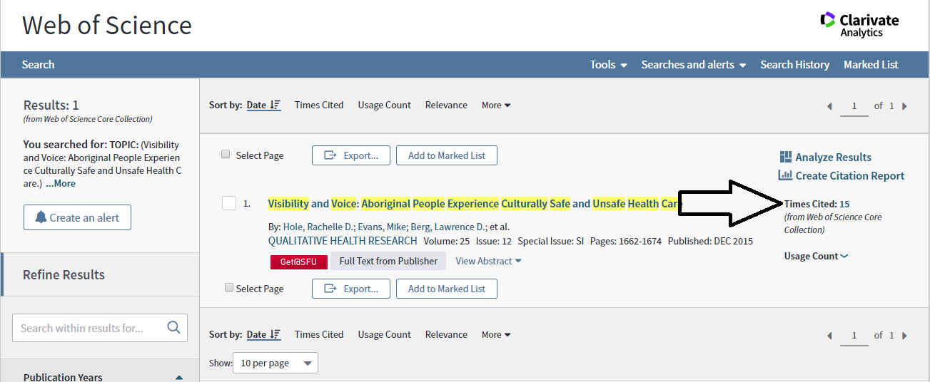 In the results page, click on the number beside times cited on the right hand side of the screen.
