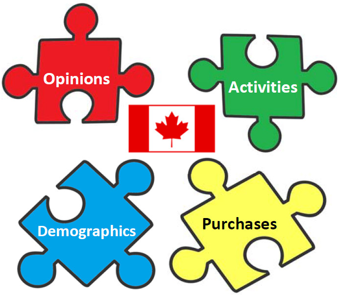 Four jigsaw puzzle pieces with a Canadian flag in the centre. The words "Opinions," "Activities," "Demographics," and "Purchases" are on the puzzle pieces.