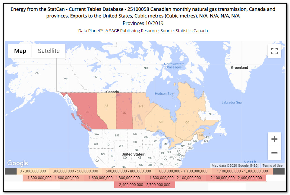 Map from Data Planet showing provincial exports to USA of natural gas.