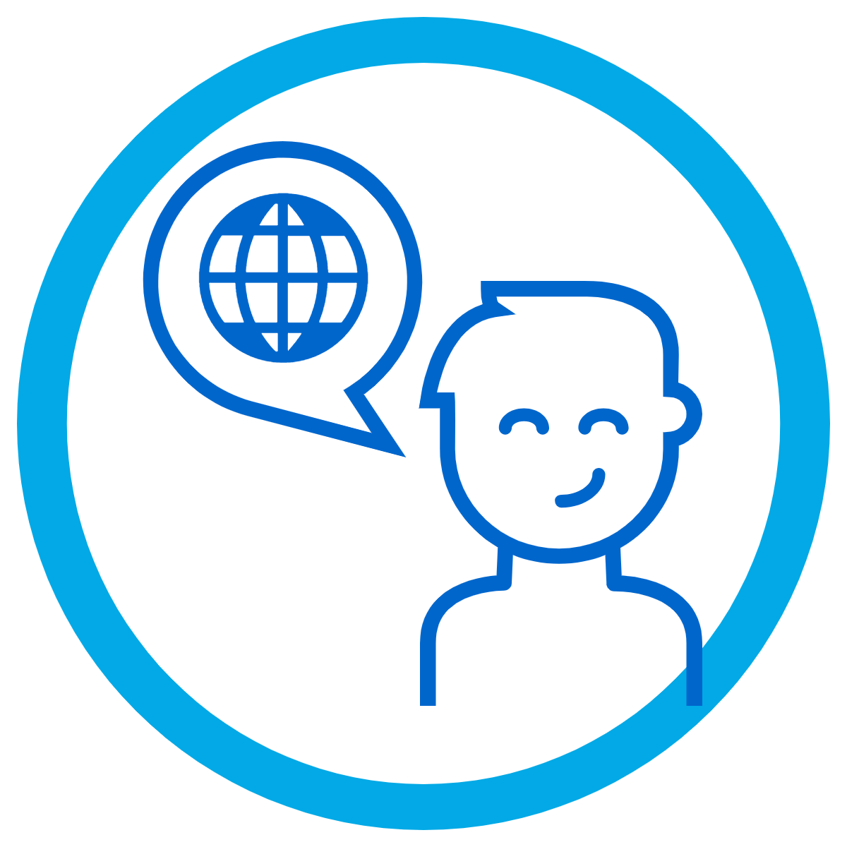 line drawing of a person next to a speech bubble that contains a globe