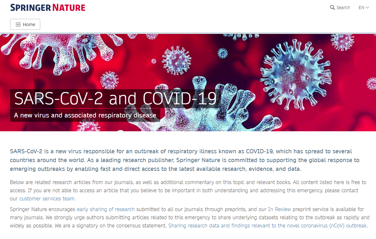 Screenshot of Springer Nature Website with more details about how they are releasing research for free
