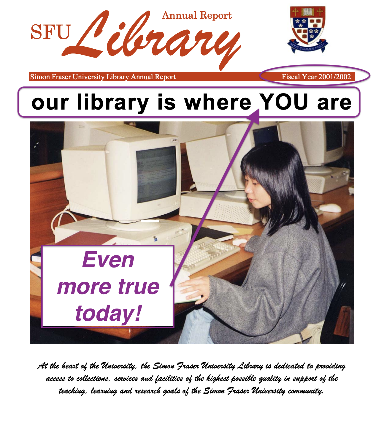 Screen capture of the cover of the SFU Library's 2001-2002 annual report with the motto "Our library is where YOU are!" and an added annotation "Even More True Today!"