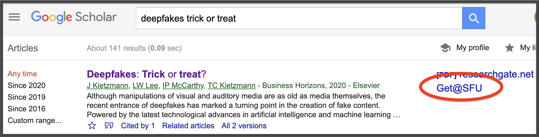 Screen capture of an article citation in Google Scholar search results, with the "Get@SFU" link next to it circled in red.