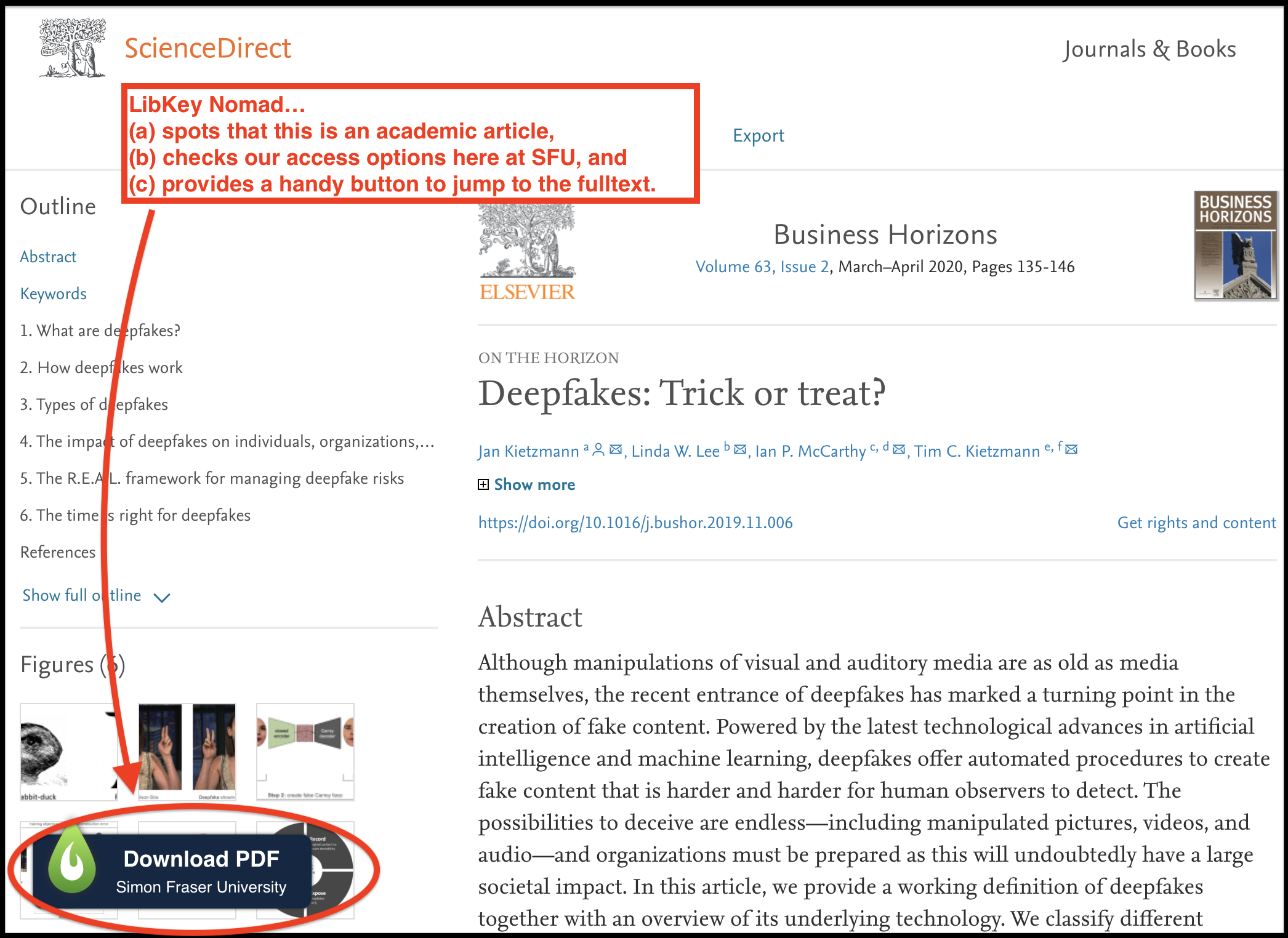 Screen capture of a portion of the site of an academic article ("Deepfakes: Trick or treat?") with the LibKey button circled.