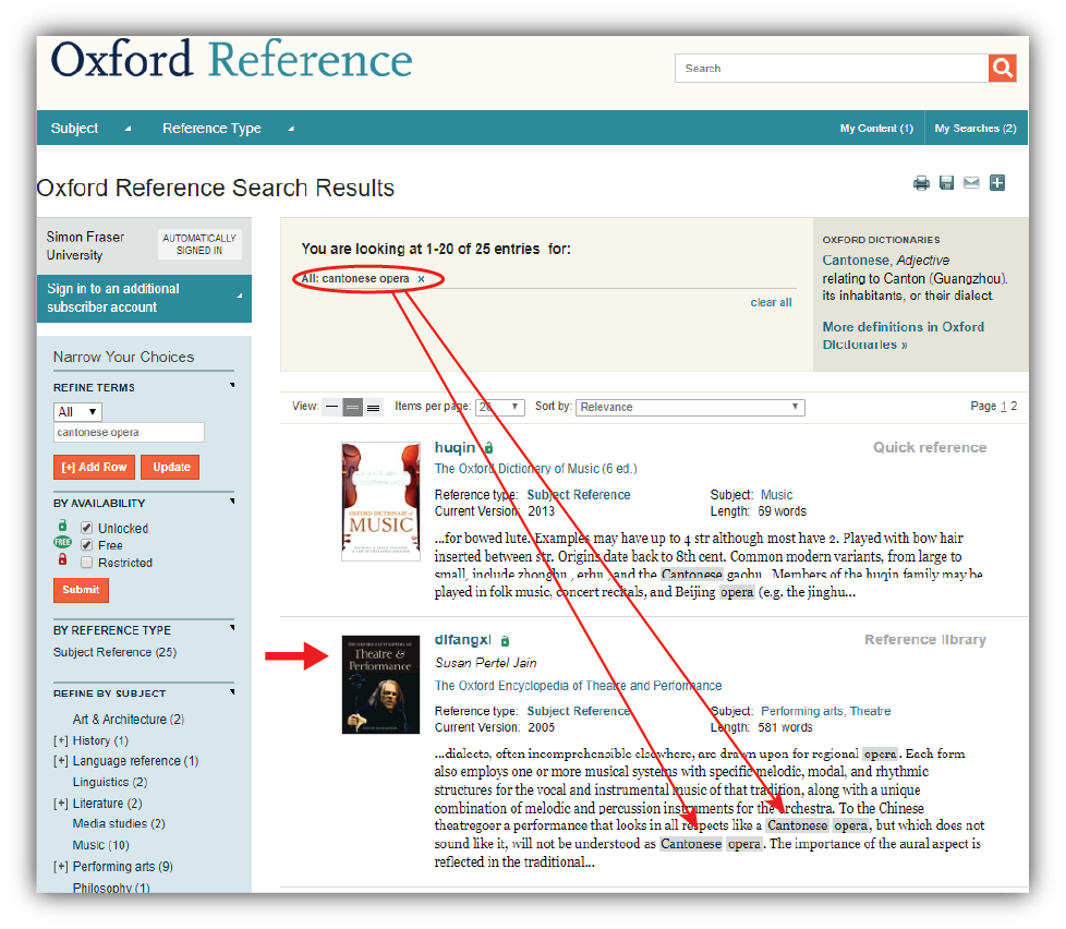Oxford Reference example search for keywords Cantonese opera