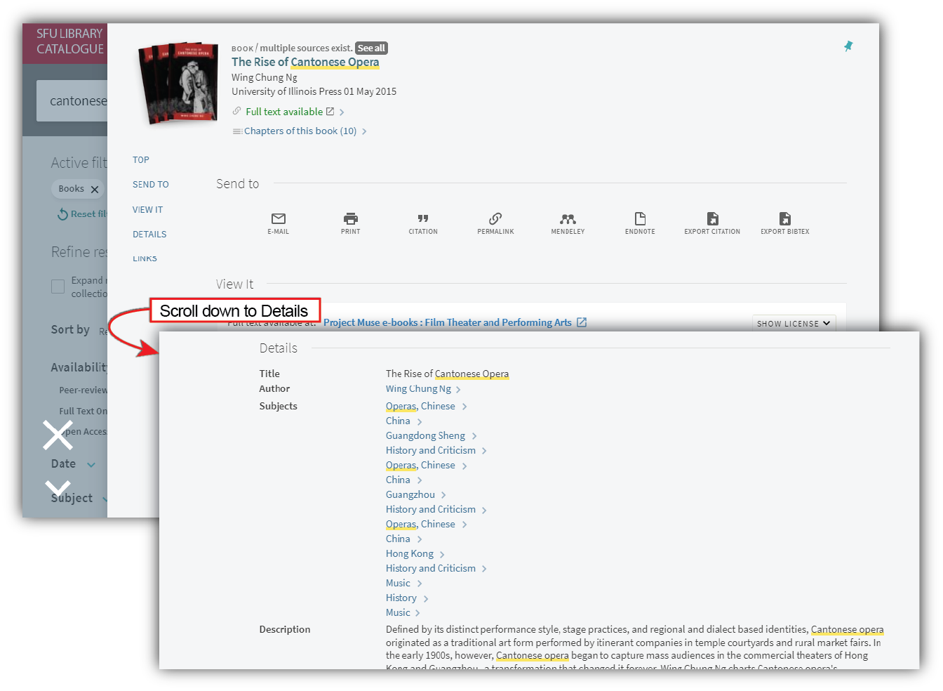 Reviewing the SFU Library catalogue record page for a book on the topic of Cantonese Opera