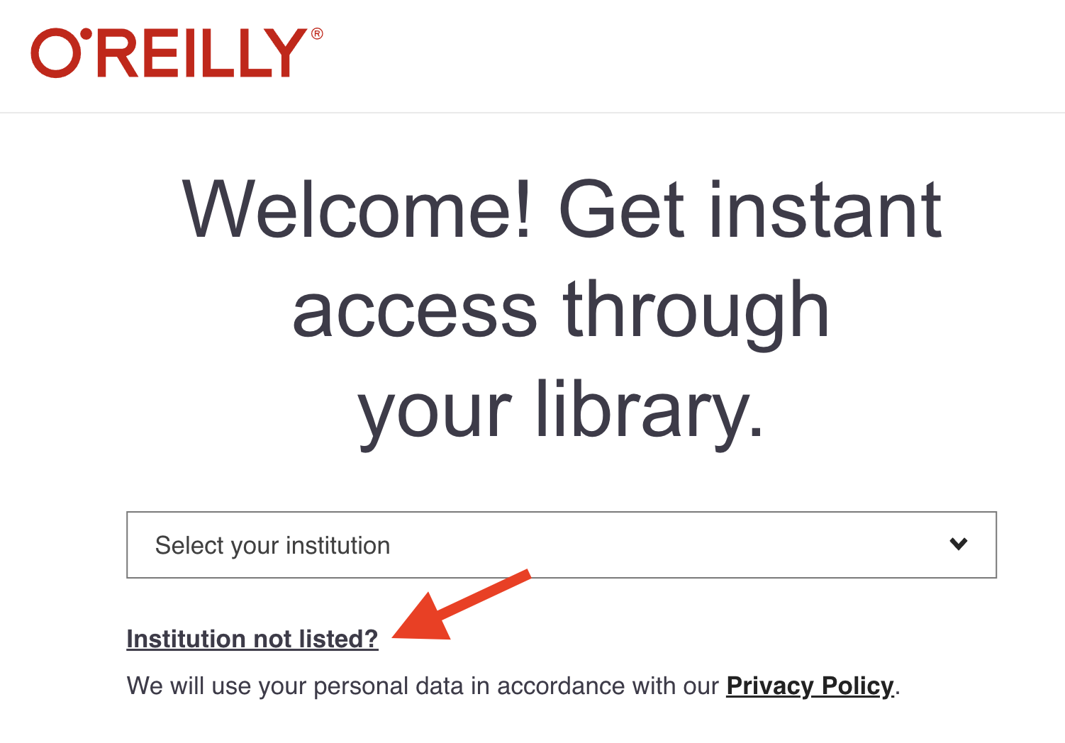 Institution not listed link on OReilly pop up box