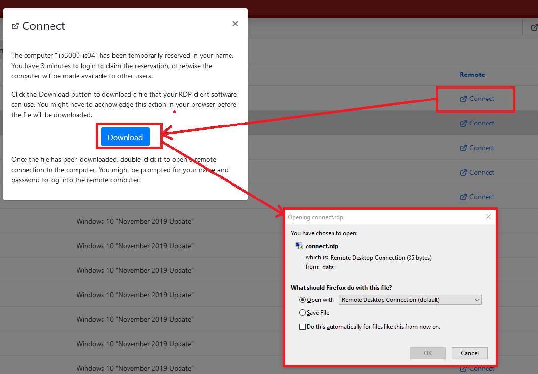 Pop up RDP window after choosing Connect and Download