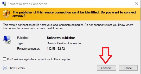 Box about "unknown publisher". Click Connect.