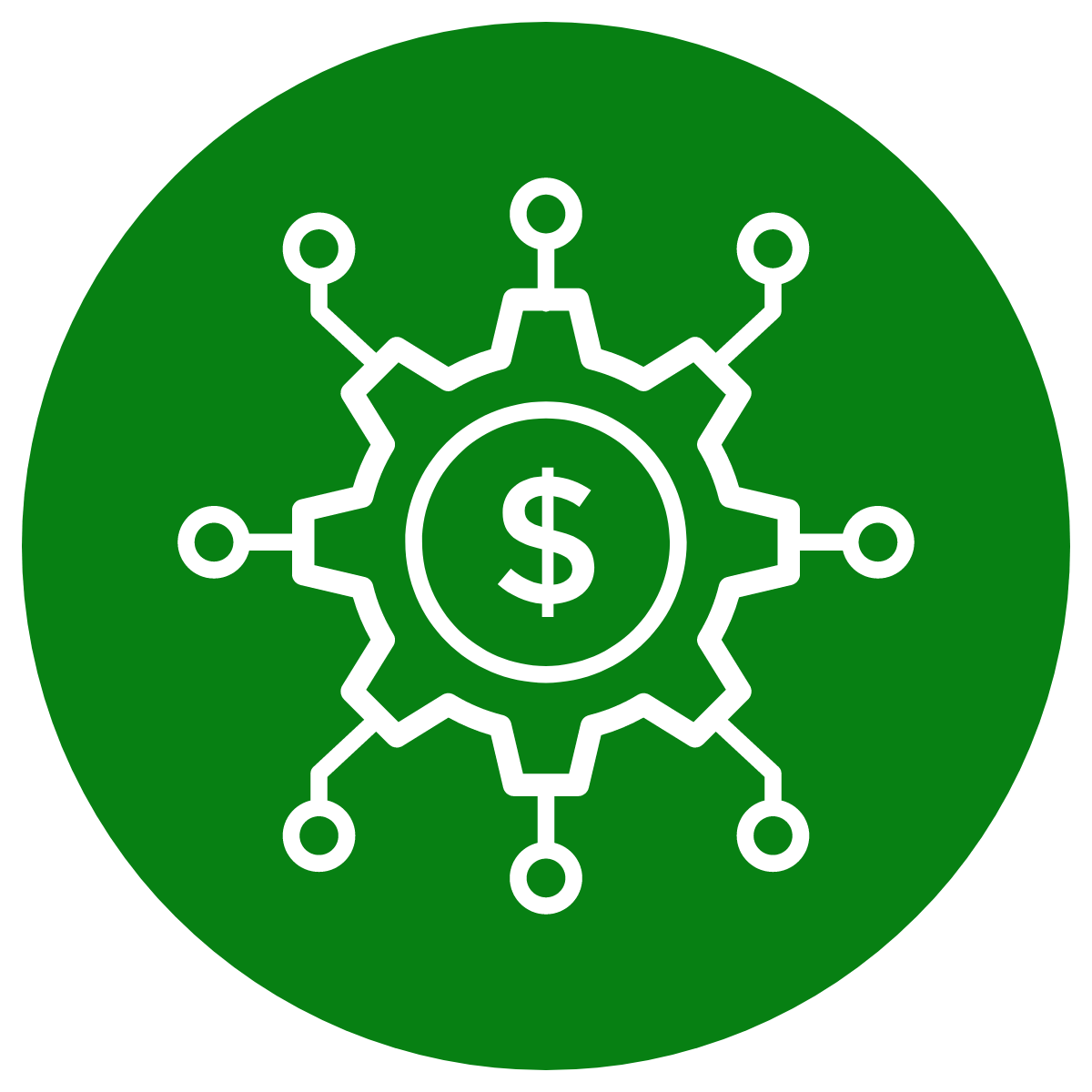 simple line drawing of a dollar symbol surrounded by circuit nodes