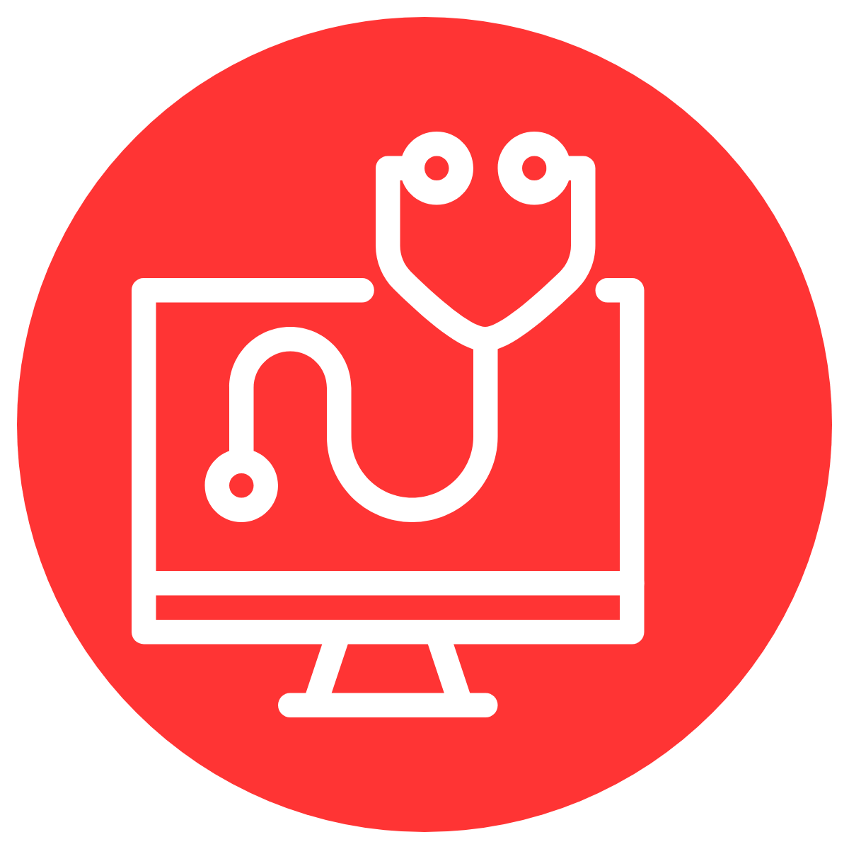 simple line drawing of a stethoscope in front of a computer monitor