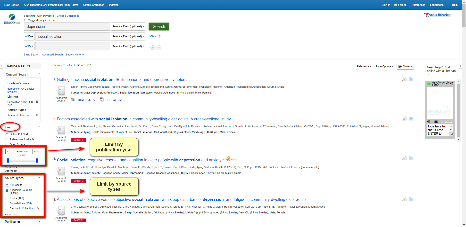 Image of PsycINFO search results, with the limiters of publication year and source type highlighted