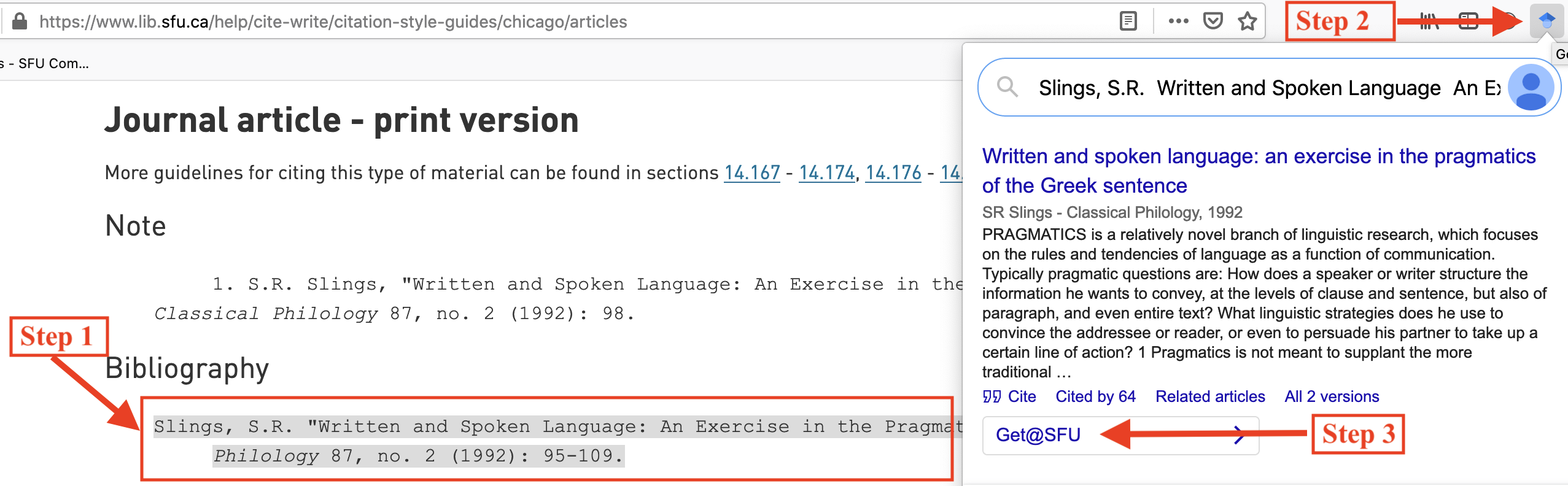Highlighting a citation on a webpage and clicking on the Google Scholar button