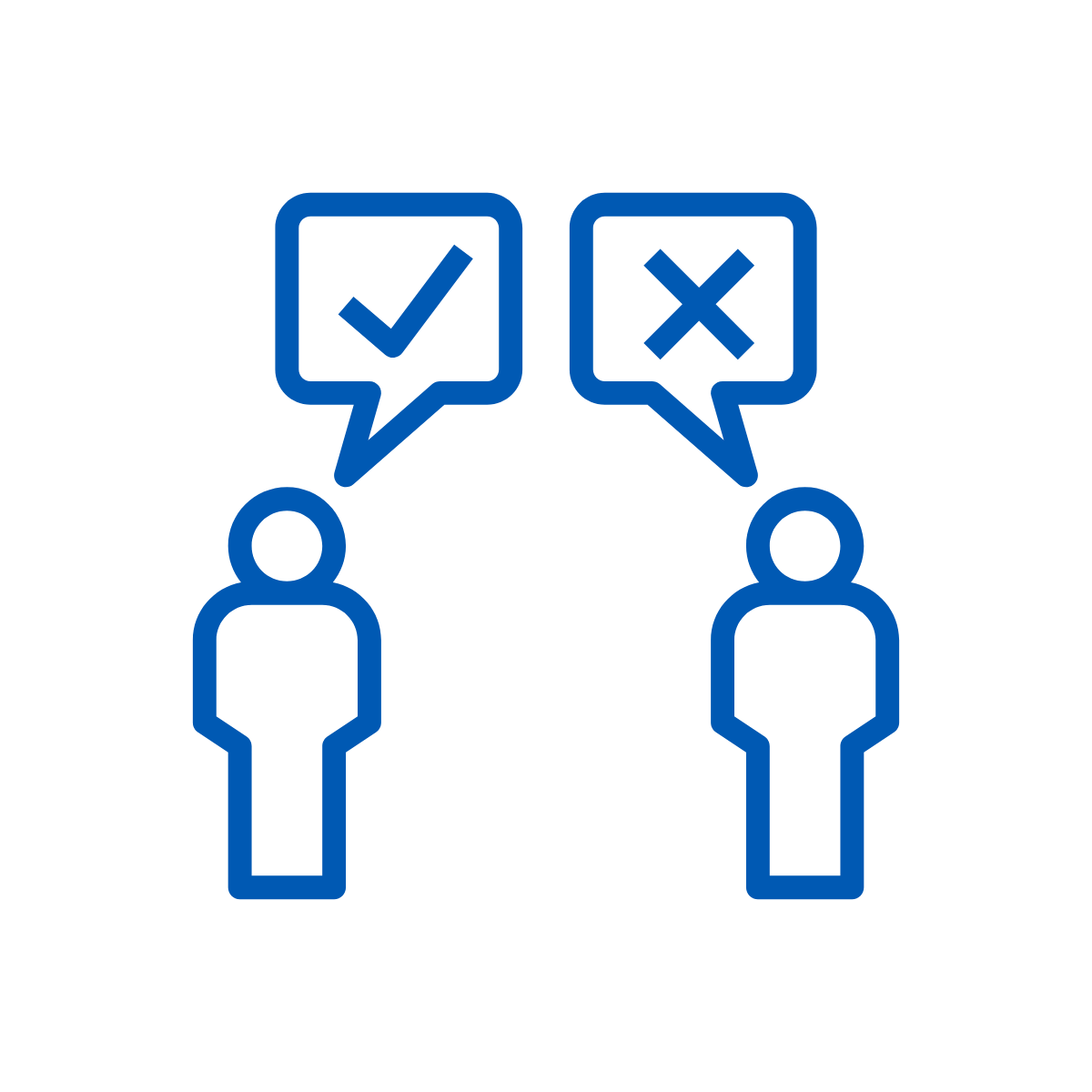 Line drawing of two people - one with a check mark in a thought bubble and the other with an X.