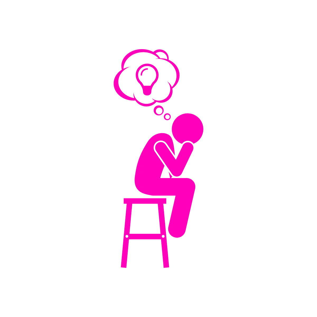 line drawing of a person in a thinking pose with a light bulb in a thought bubble