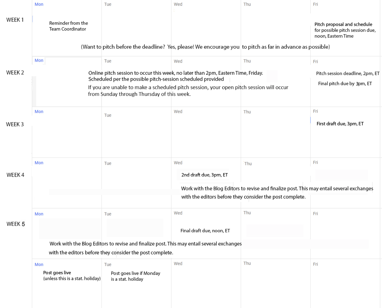 Example blogging calendar schedule