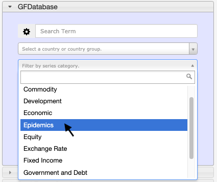 Screen shot from GFDatabase's search screen. Shows a drop-down list of many of the categories listed elsewhere in this post (asset allocations, etc.)