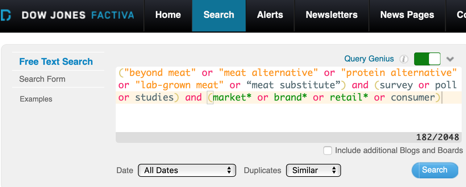 Screen capture of a search in Factiva using many phrases to represent the "alt protein" topic.