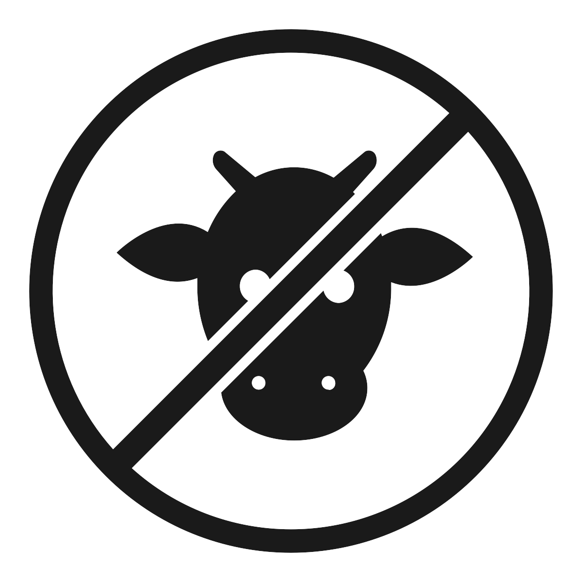 Simple line drawing of a cow's face with a line through it.