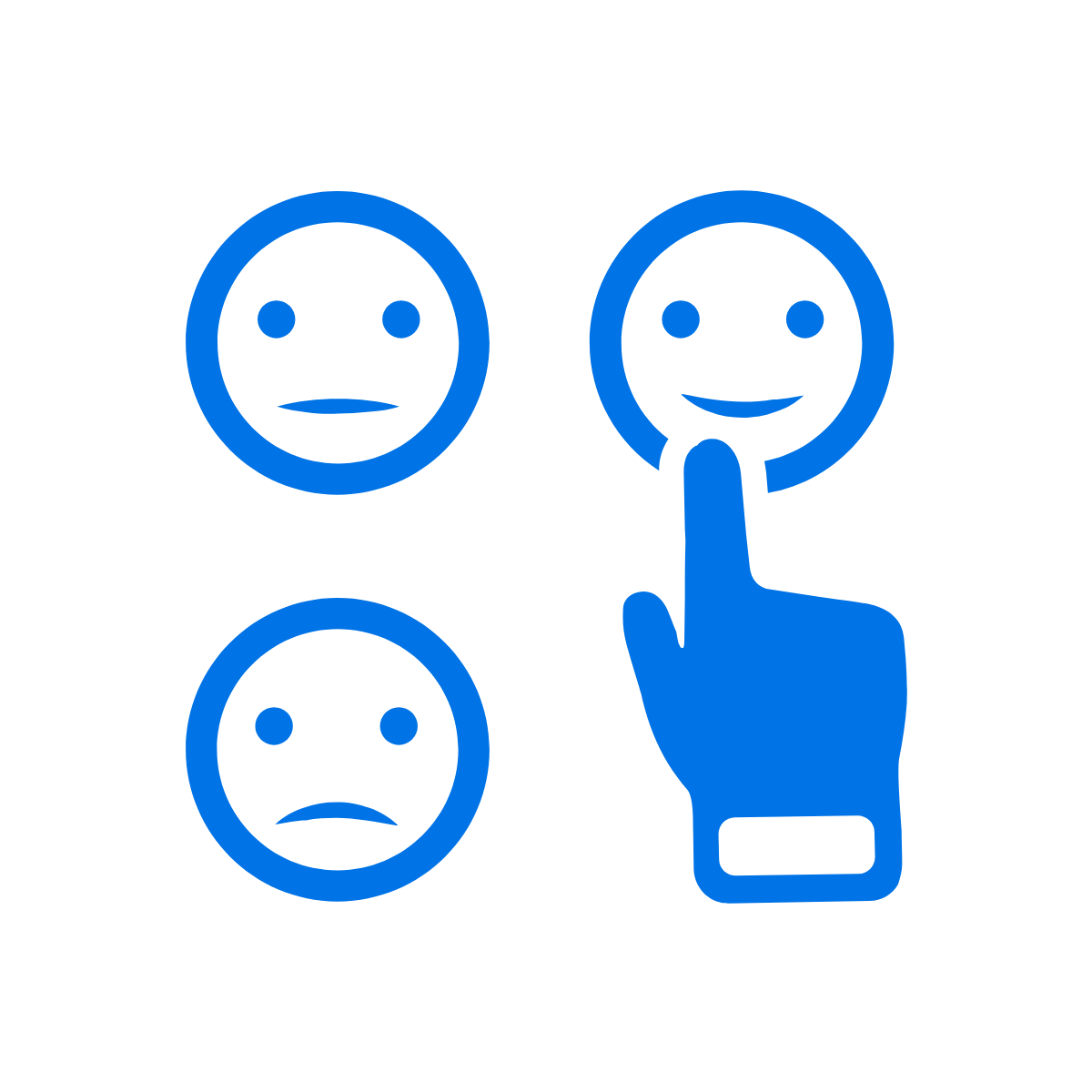 line drawing of a hand selecting from among happy and sad faces