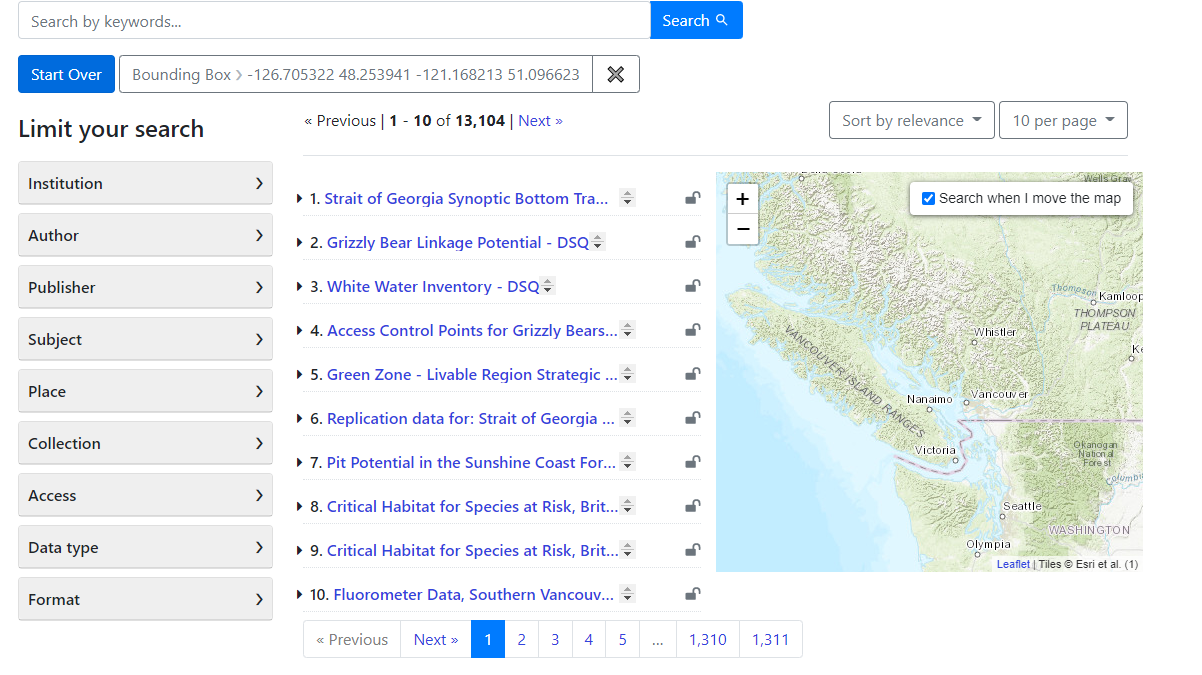 screenshot of search results in geodisy