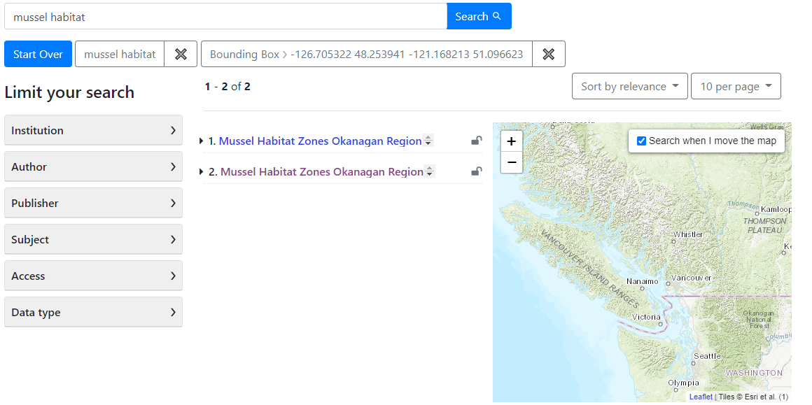 screenshot of keyword search interface in geodisy