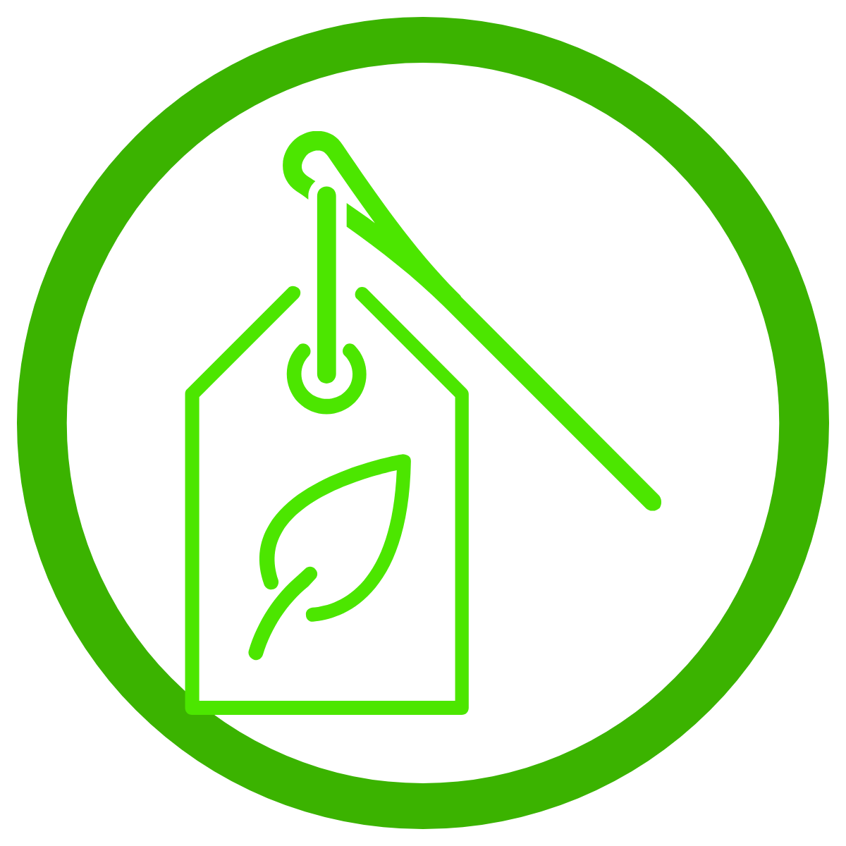 Line drawing of a sewing needle attached to a tag with a leaf on it.