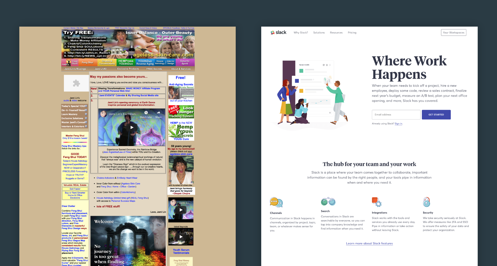 Comparison images of a cluttered website and a uncluttered site 
