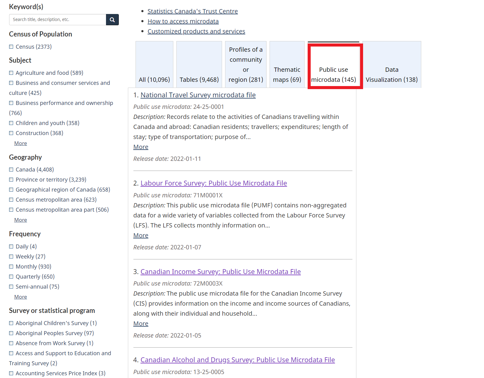 Stats Can microdata portal