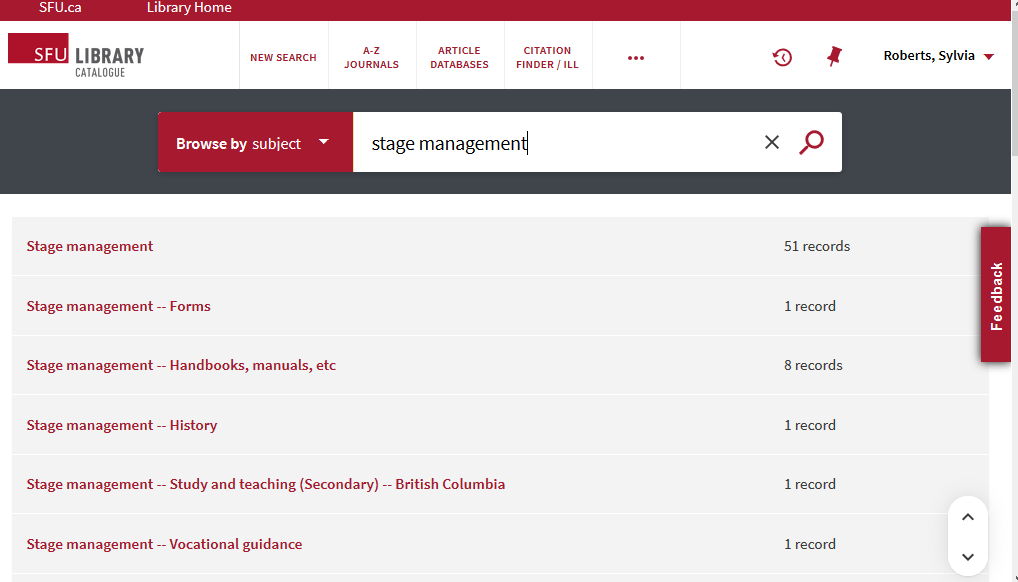 screen capture of library catalogue search for stage manager as a subject