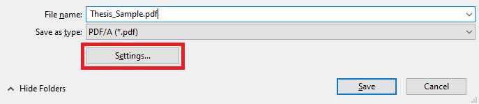 Adobe Acrobat Pro save screen, highlighting the Settings button