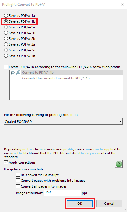 Adobe Acrobat Pro Preflight: Convert to PDF/A screen, highlighting the 'Save as PDF/A-1a' button and 'Save' button