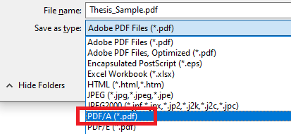 Adobe Acrobat Pro save screen, highlighting drop down 'save as type' menu