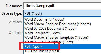 MS Word drop down menu screen, highlighting the option to save as PDF