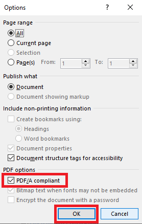MS Word PDF Options screen, highlighting the check box for 'PDF/A compliant'