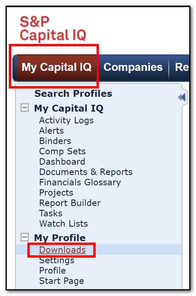 Screen capture from S&P Capital IQ showing the location of the My Capital IQ and Downloads links.