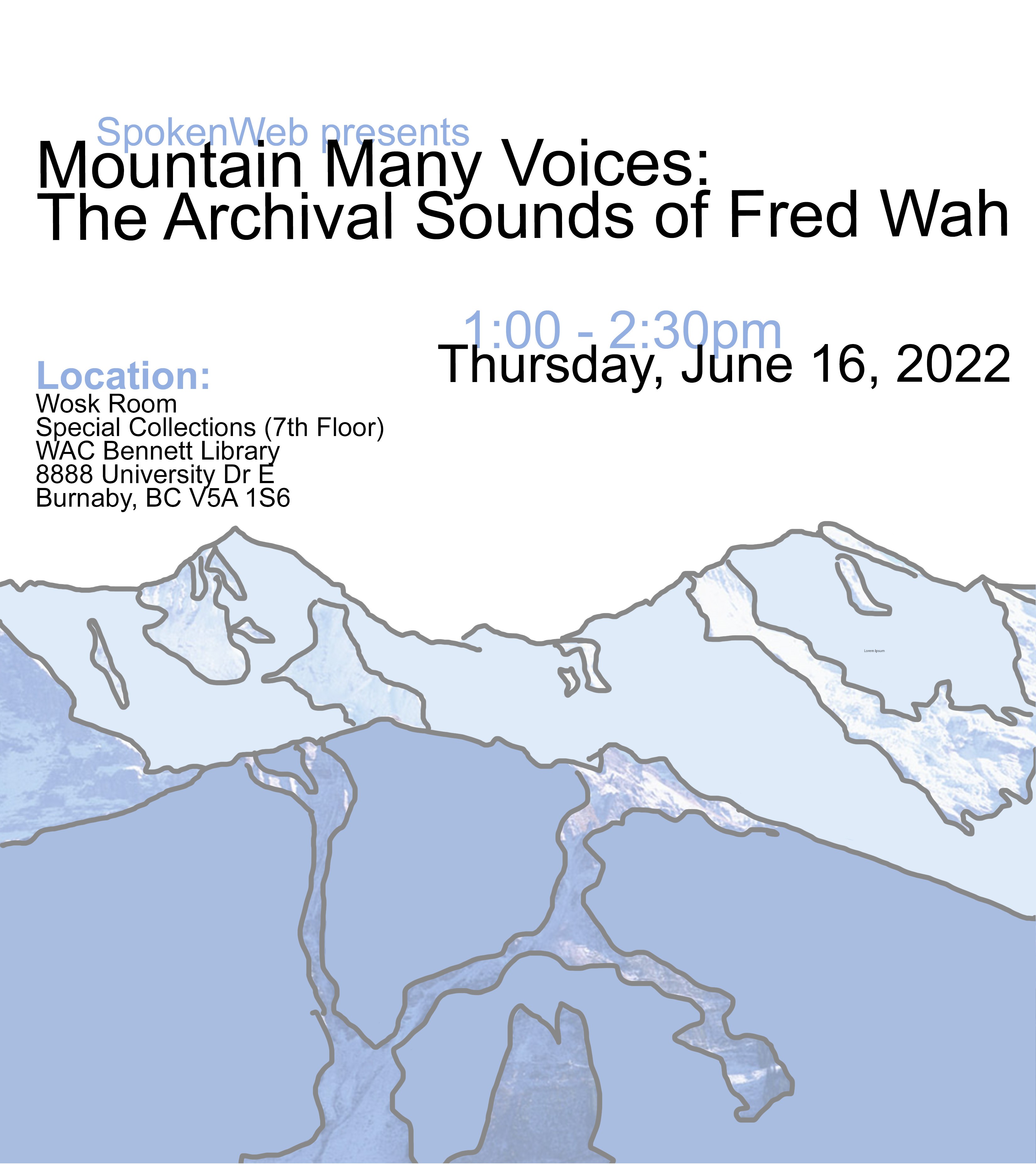 Event poster depicting several blue mountains, with the date and time of the event overlaid on top of the graphic