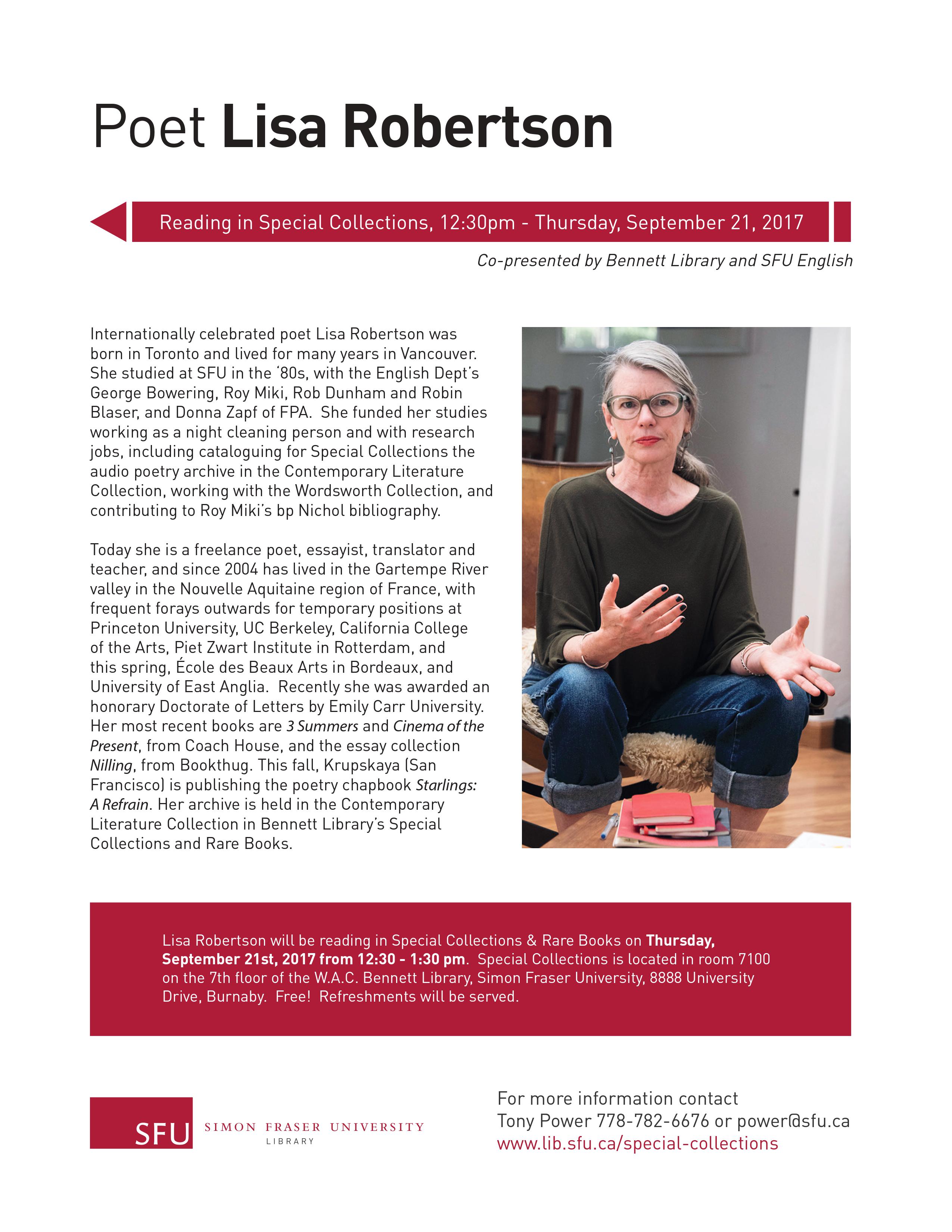 Lisa Robertson reading event poster