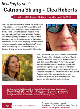 Poster for the reading of Catriona Strang and Clea Roberts