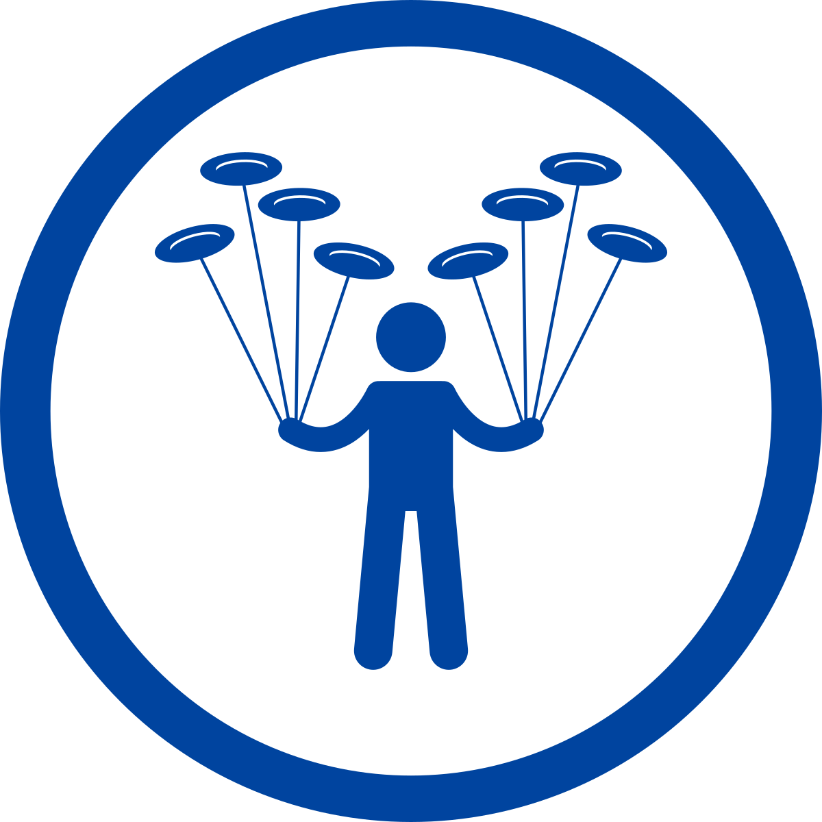 simple line drawing of a person spinning many plates on top of thin rods