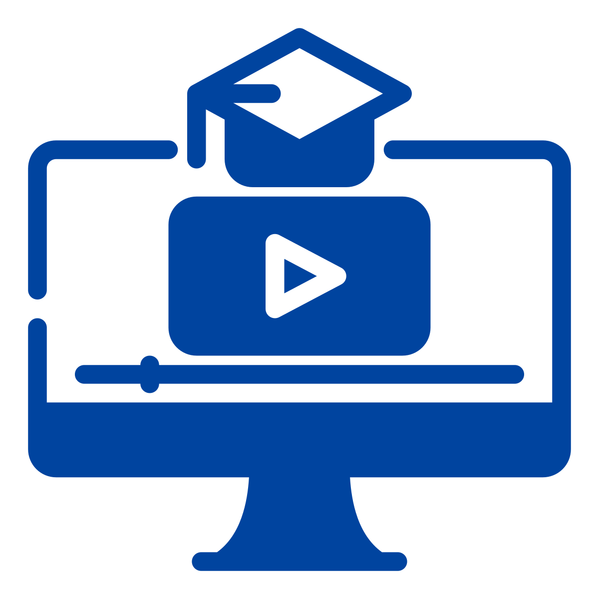 simple line drawing of a monitor showing a "play" symbol used for videos and a graduation cap.