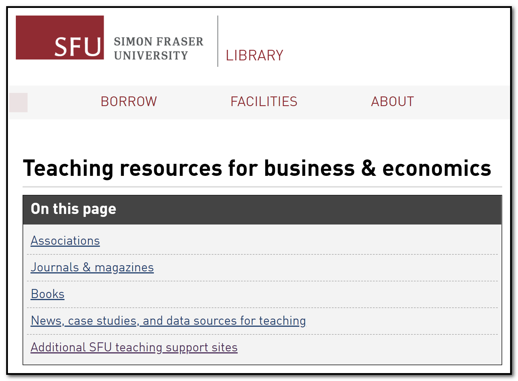 Screen capture of the table of contents from the new guide to Teaching Resources for Business & Economics.