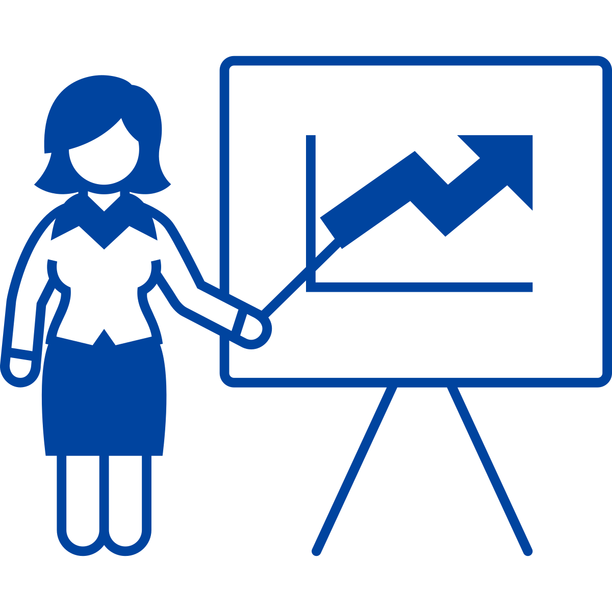 Line drawing of a person pointing to a graph on a screen