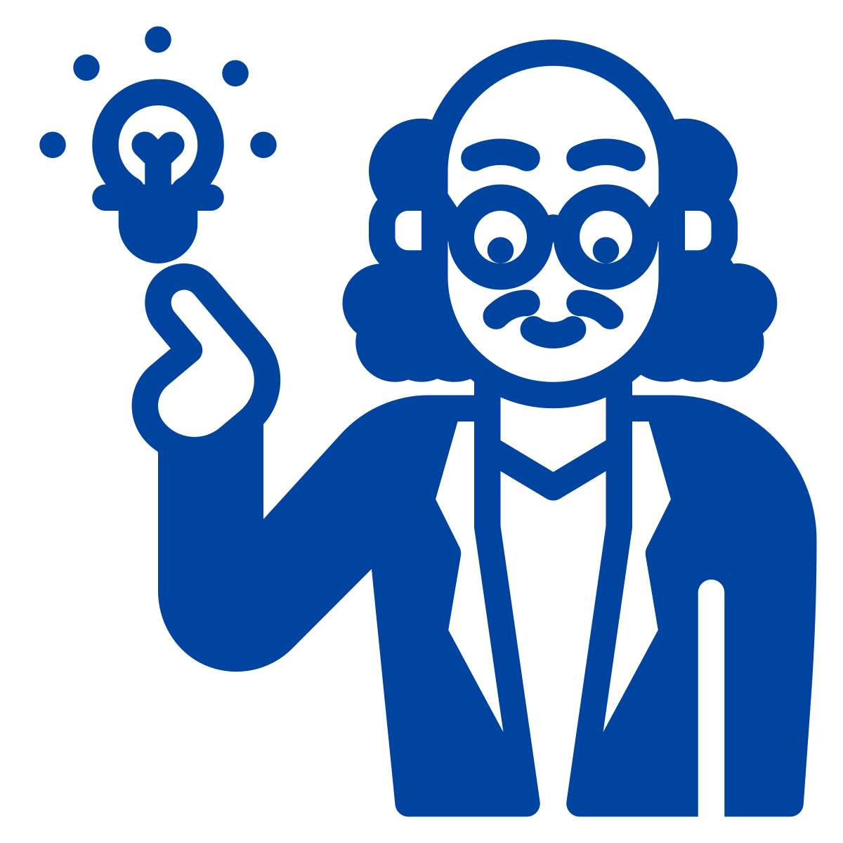 Line drawing of a person pointing to a lightbulb (meant to indicate teaching)