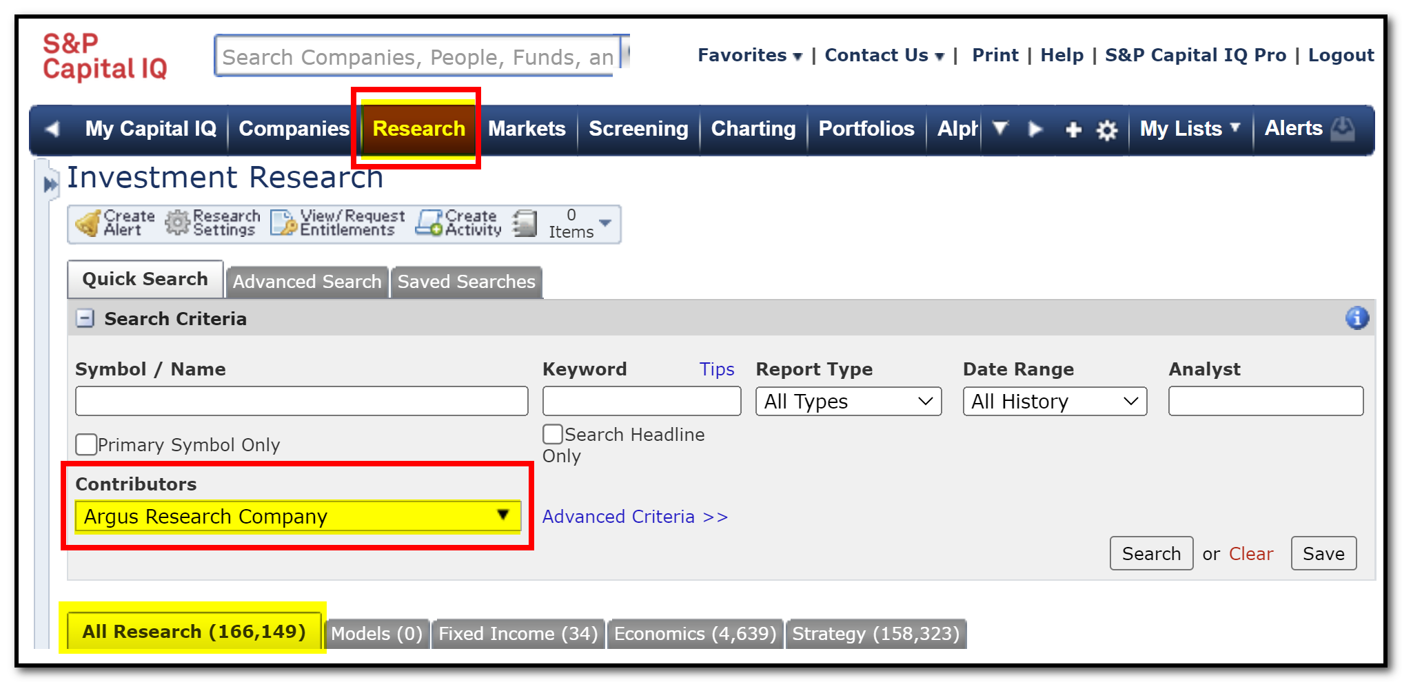 Screen capture showing how to search for Argus reports in CapIQ. Instructions are duplicated in the blog text.