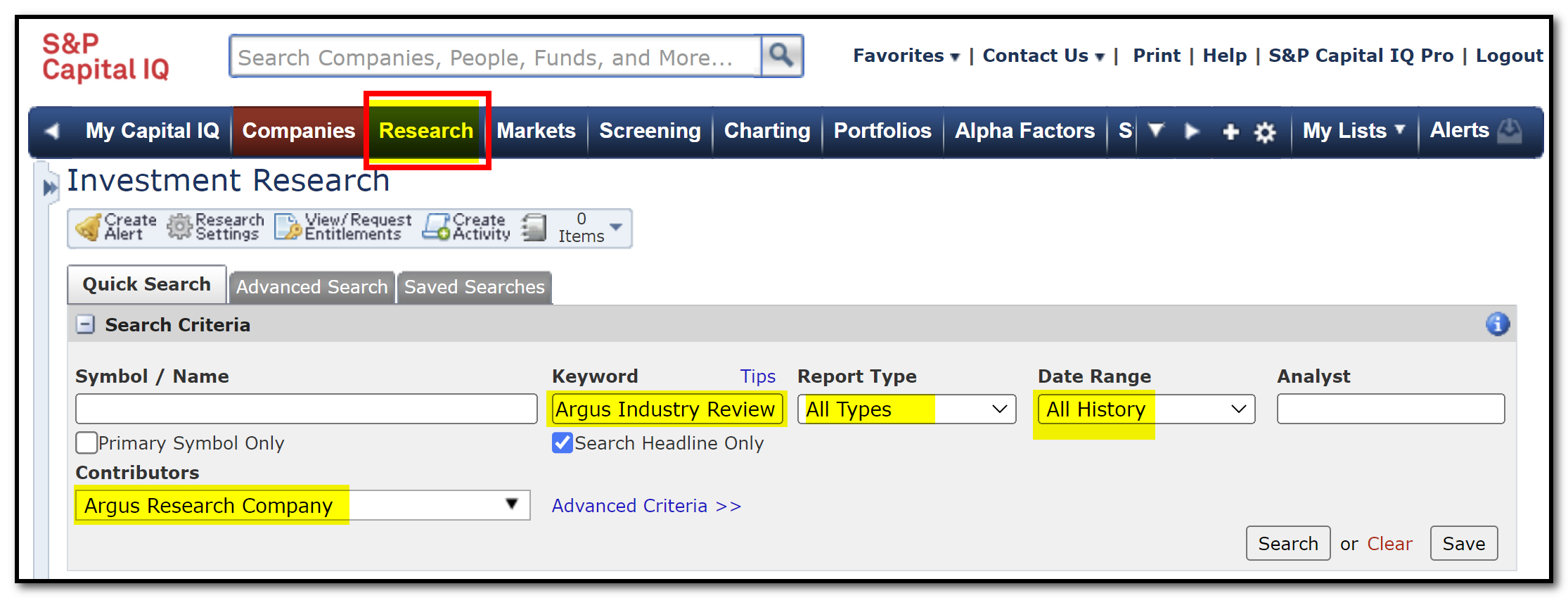 Screen capture from S&P Capital IQ showing the search steps to find Argus Industry Review & Outlook reports. Duplicating content in text of blog post.