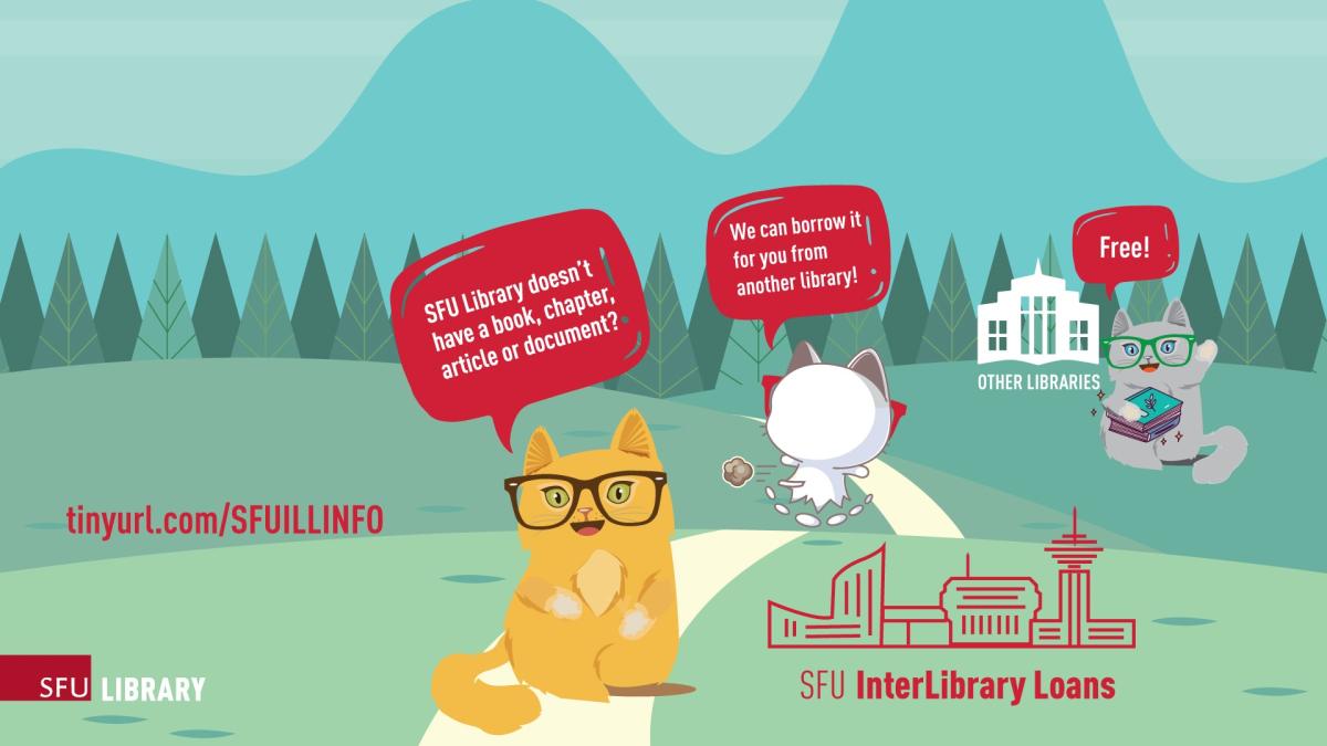 A drawing of three cats chatting about how excited they are to be using interlibrary loans