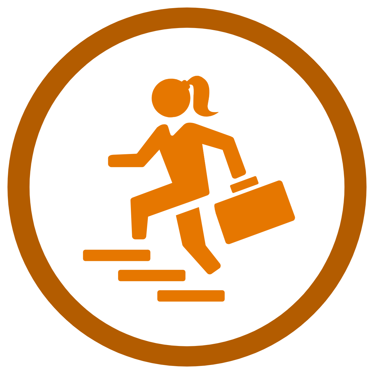 Simple line drawing of a person walking upstairs while carrying a briefcase.