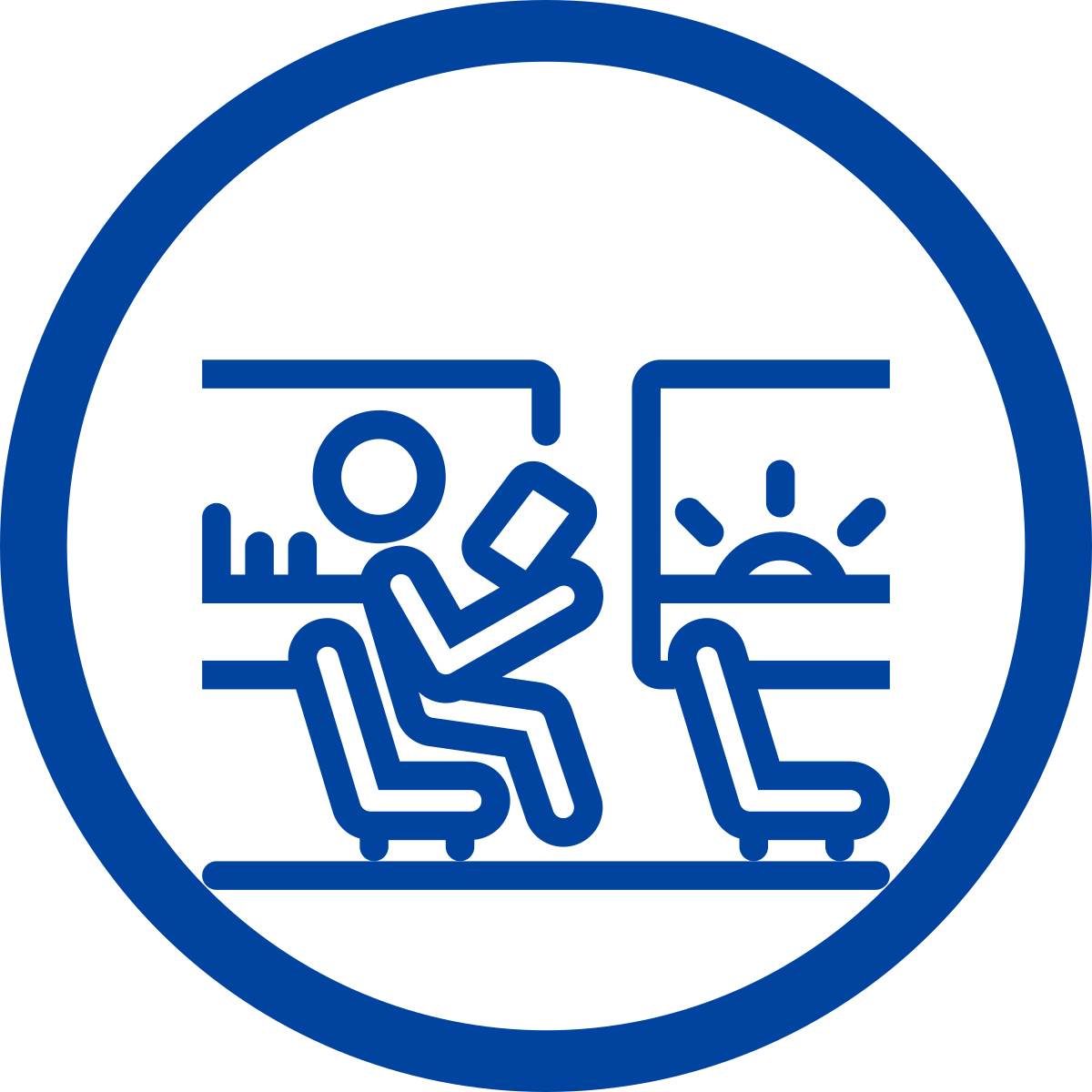 Simple line drawing of a person reading on a bus or train.